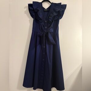 Samuel Dong Navy Ruffle Shoulder Dress Small
